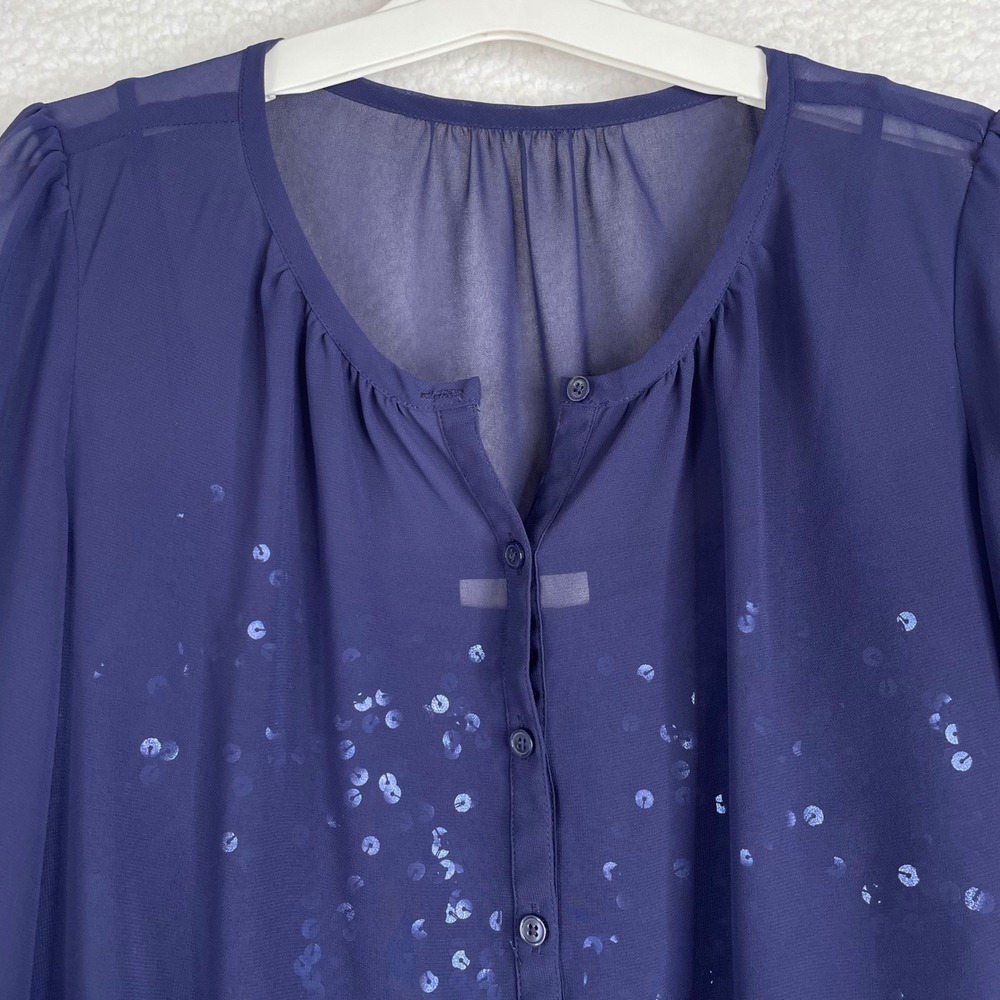 Ann Taylor‎ LOFT Navy Blue Sequin Chiffon Bubble Hem Blouse 3/4 Sleeve Small